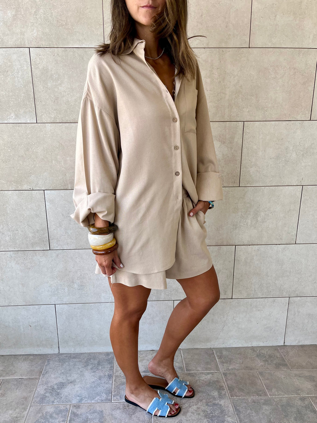 Beige Boxer Shirt Set