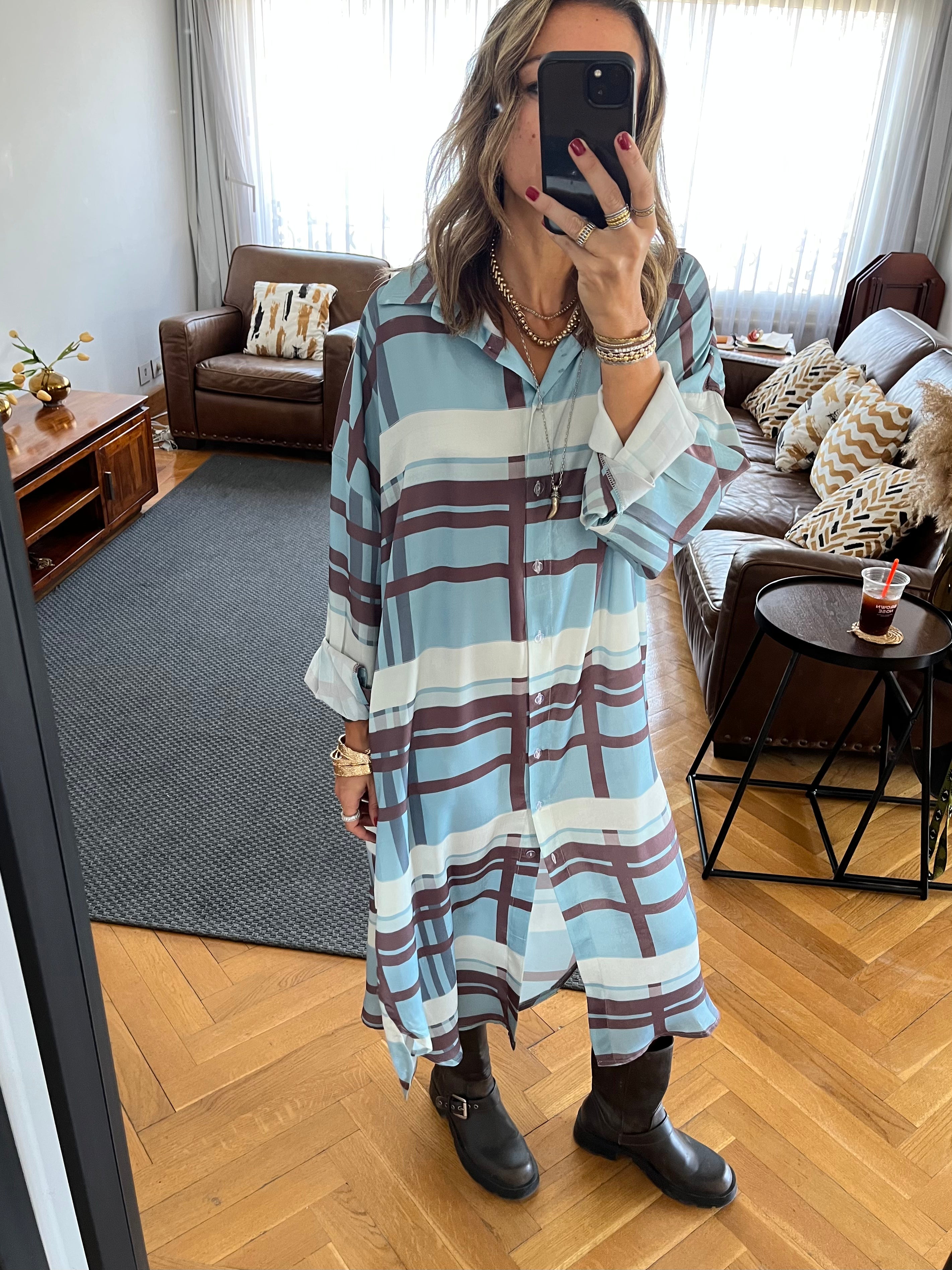 Plaid Satin Long Shirt