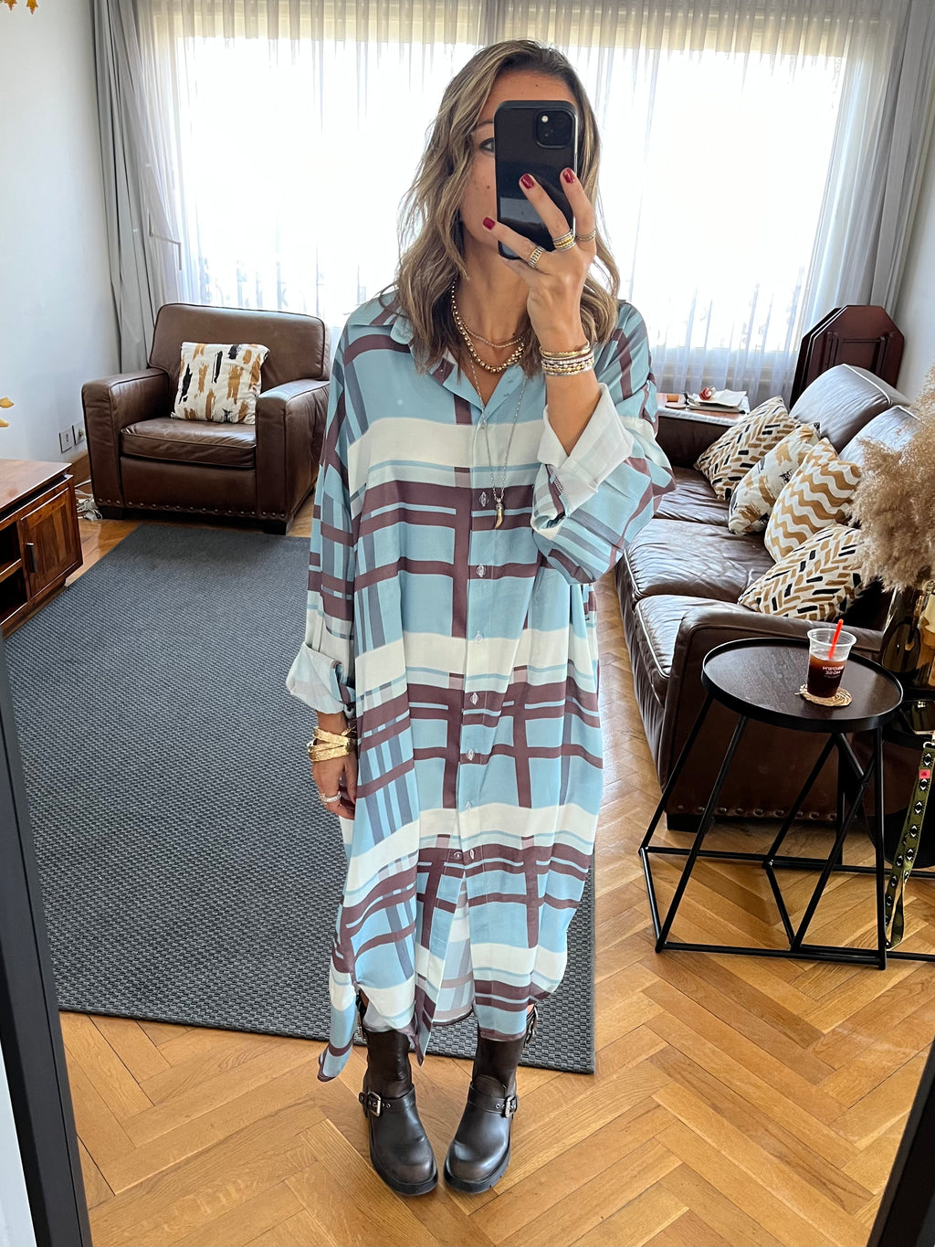 Plaid Satin Long Shirt