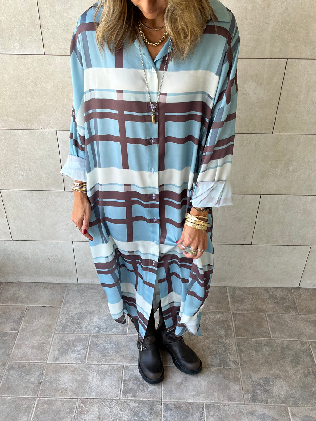 Plaid Satin Long Shirt