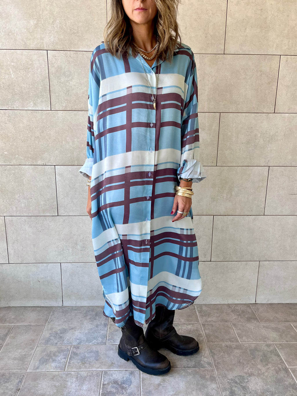 Plaid Satin Long Shirt