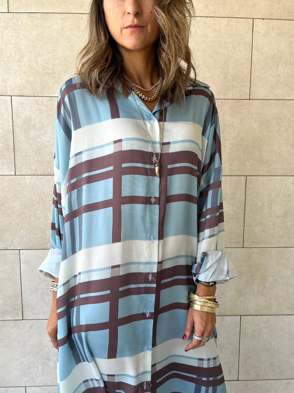 Plaid Satin Long Shirt