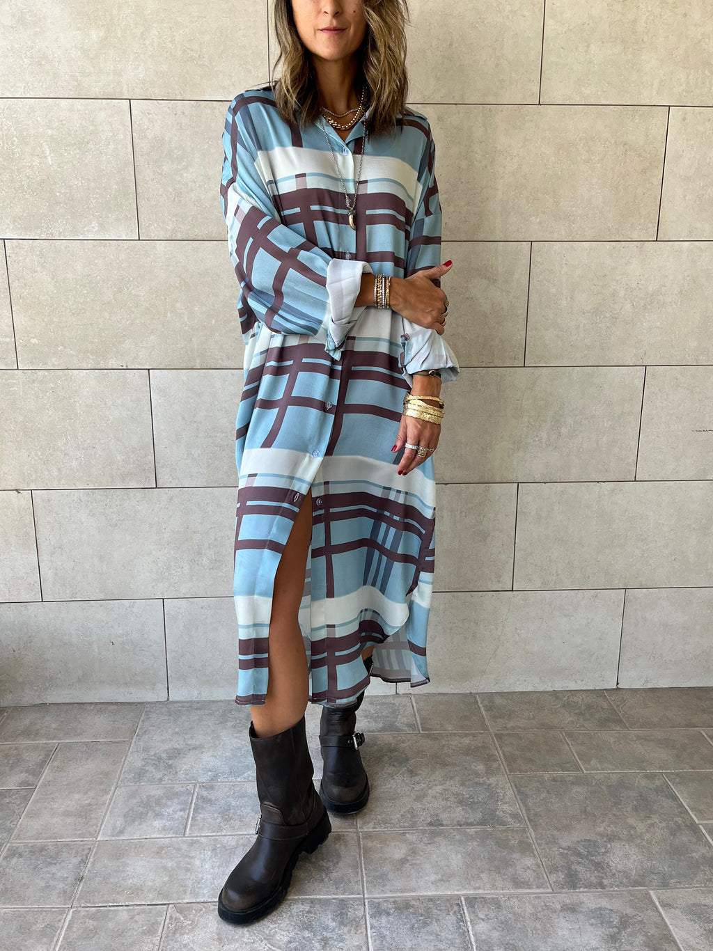 Plaid Satin Long Shirt