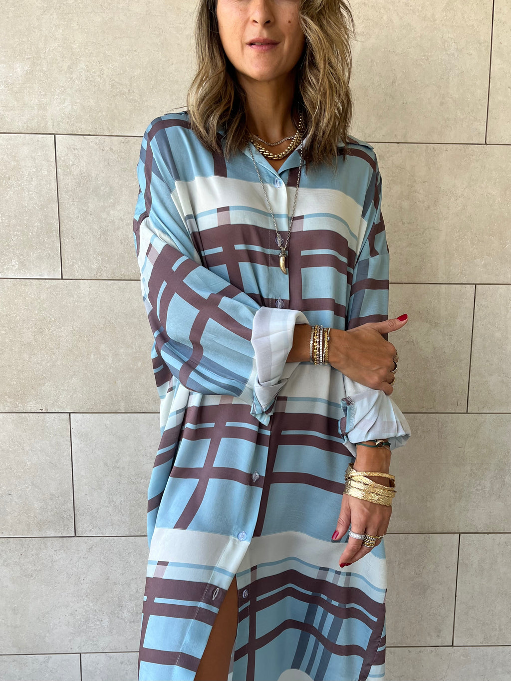 Plaid Satin Long Shirt