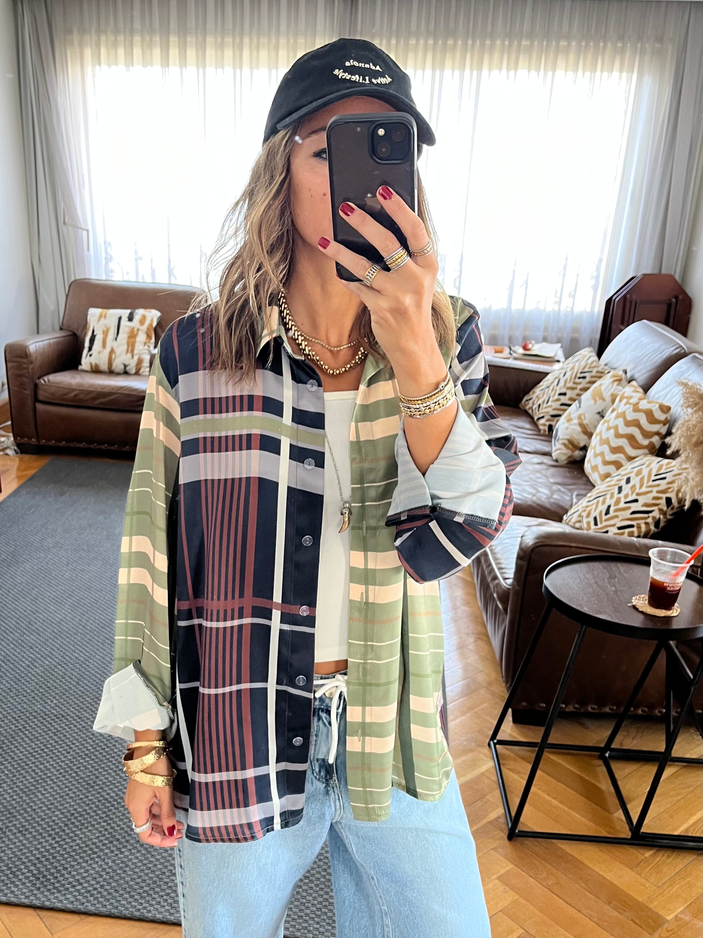 Half And Half Plaid Satin Shirt