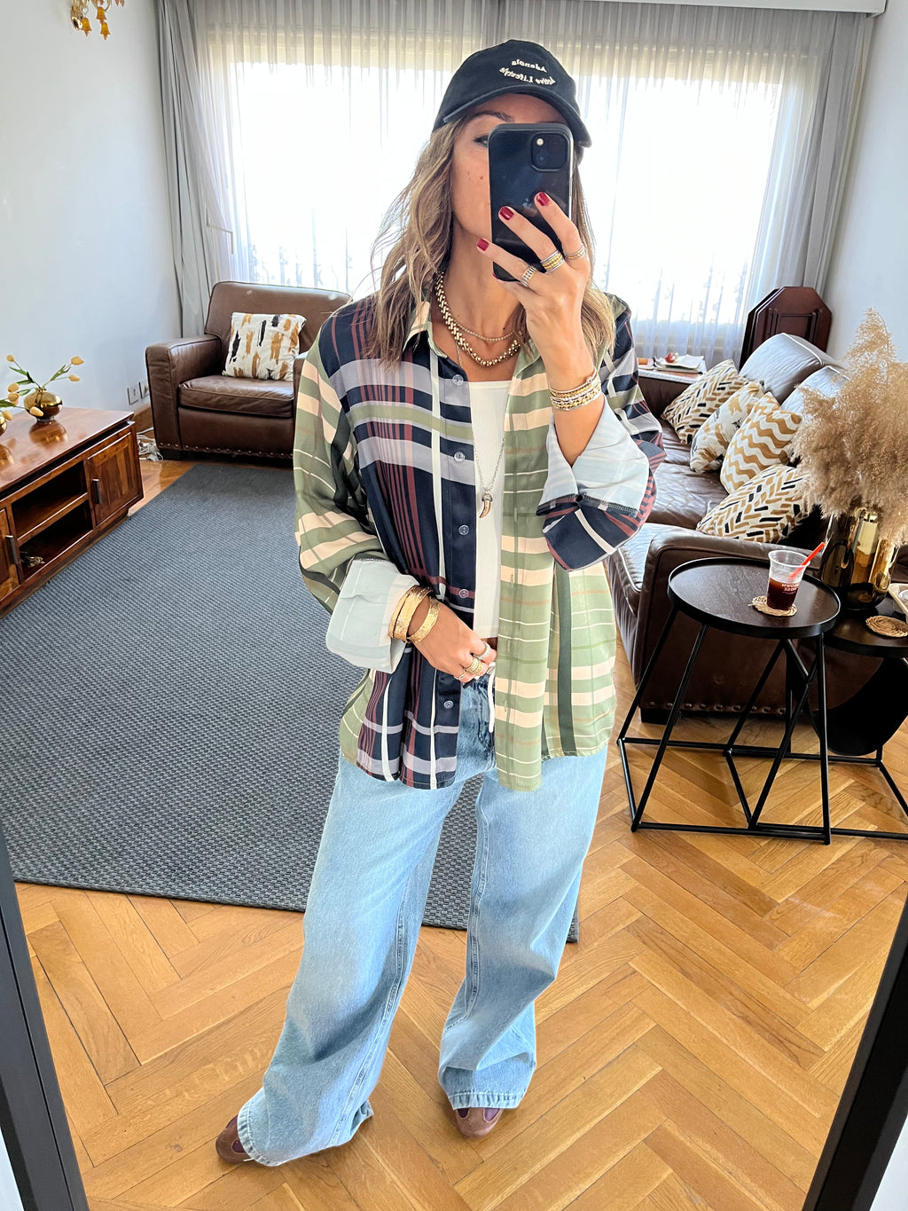 Half And Half Plaid Satin Shirt