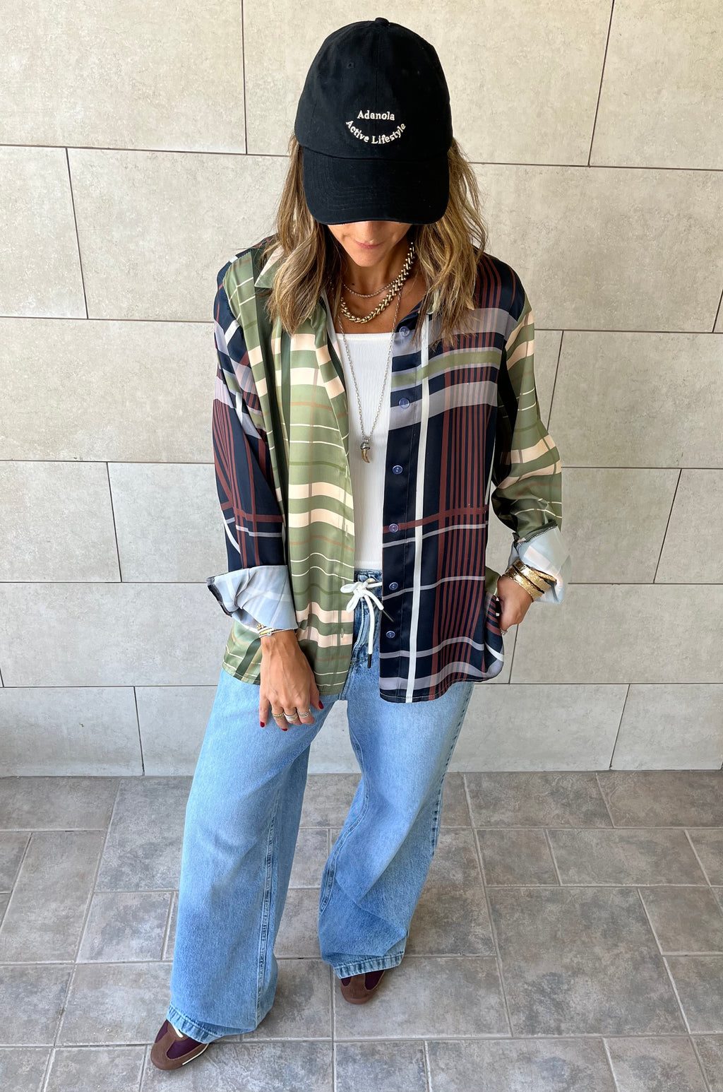 Half And Half Plaid Satin Shirt