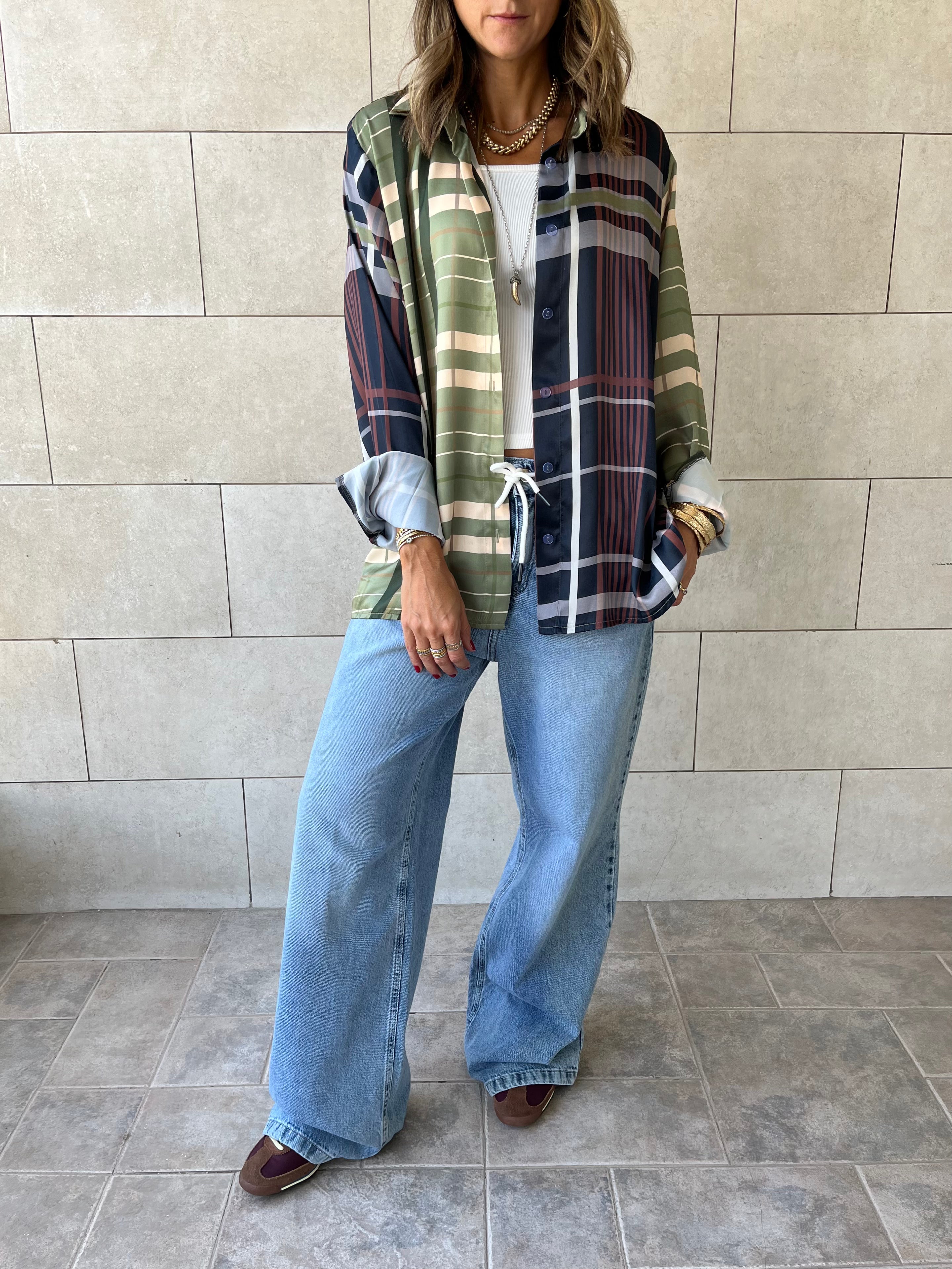 Half And Half Plaid Satin Shirt