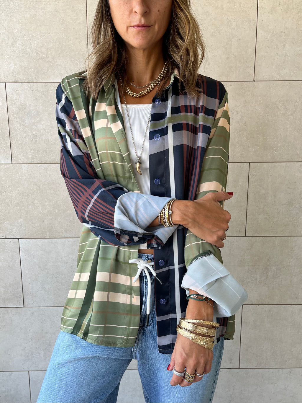 Half And Half Plaid Satin Shirt