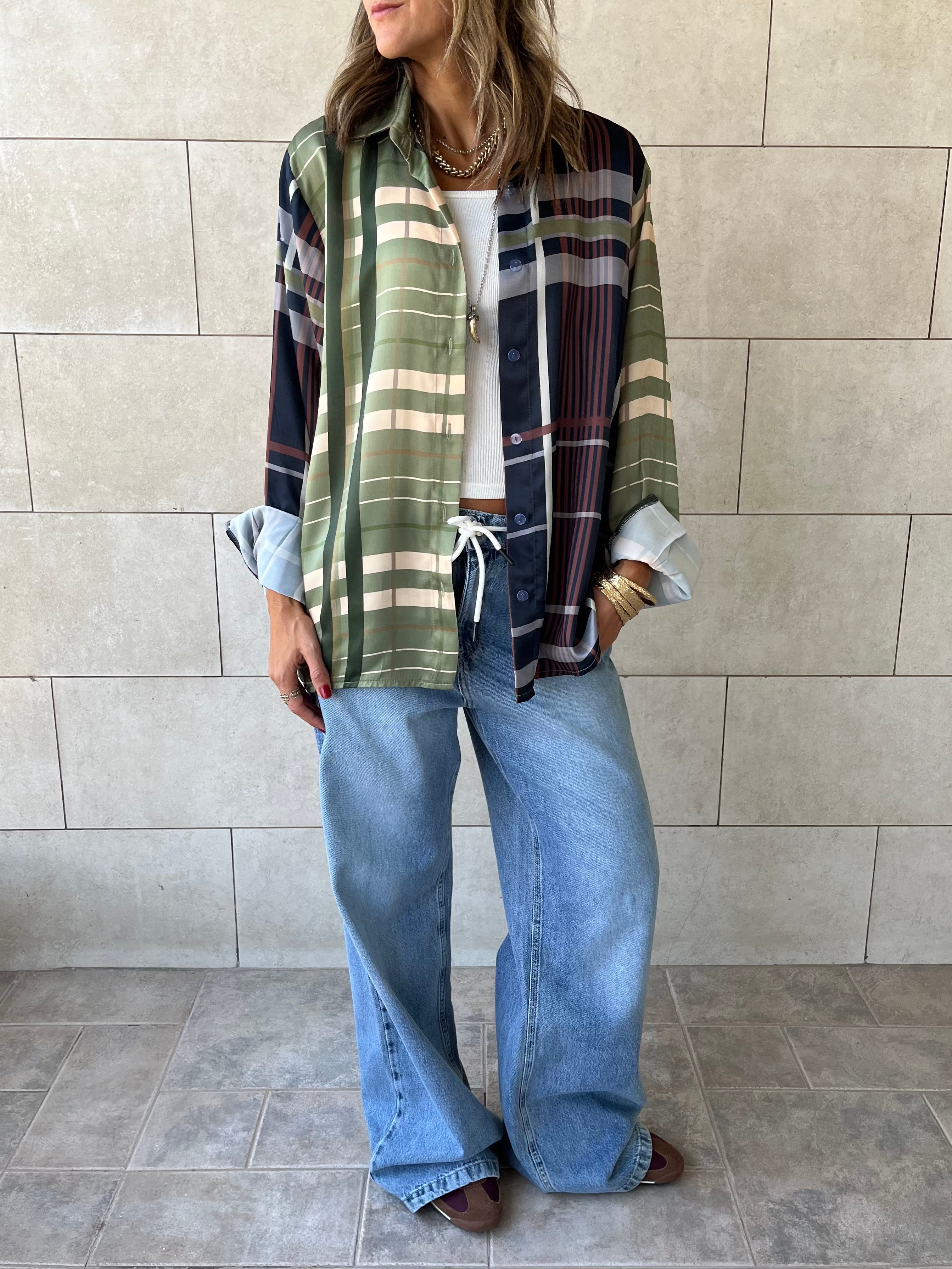 Half And Half Plaid Satin Shirt