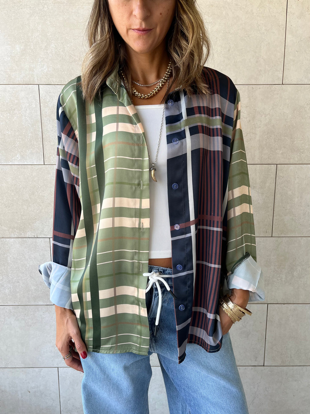 Half And Half Plaid Satin Shirt