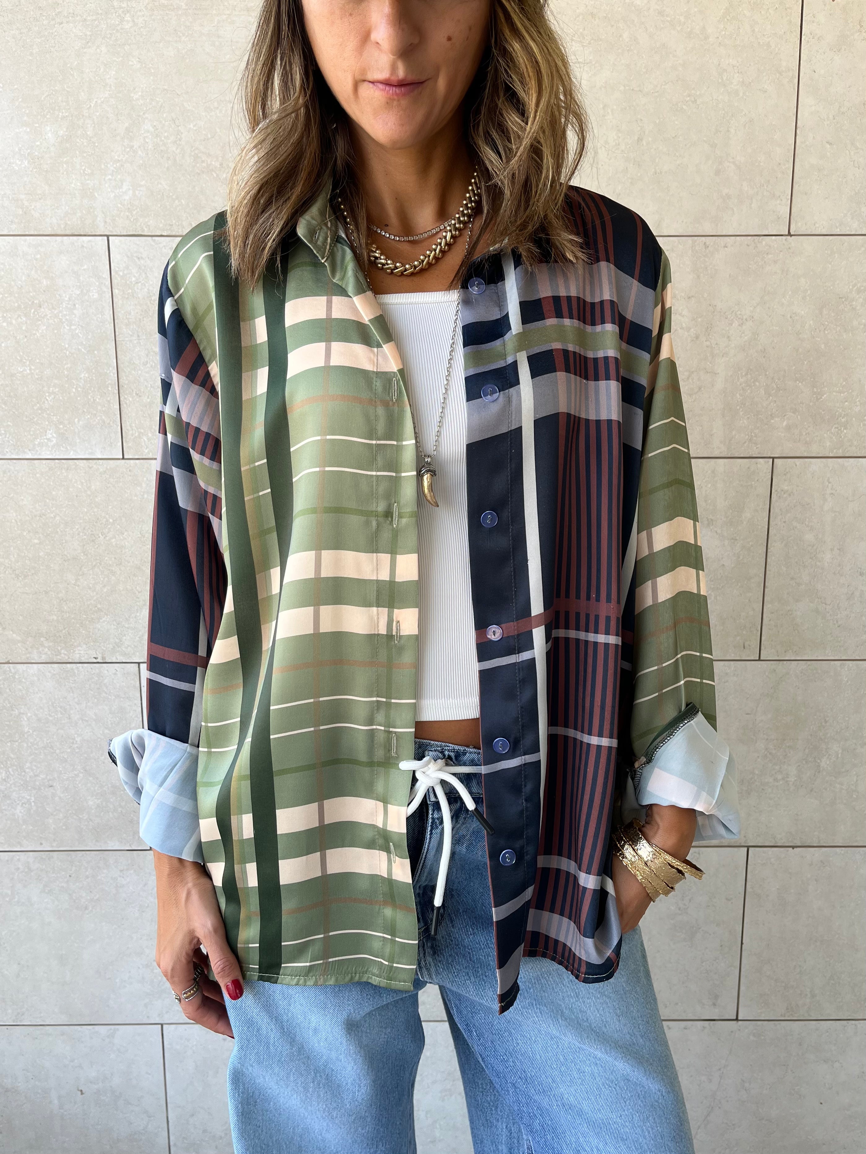 Half And Half Plaid Satin Shirt