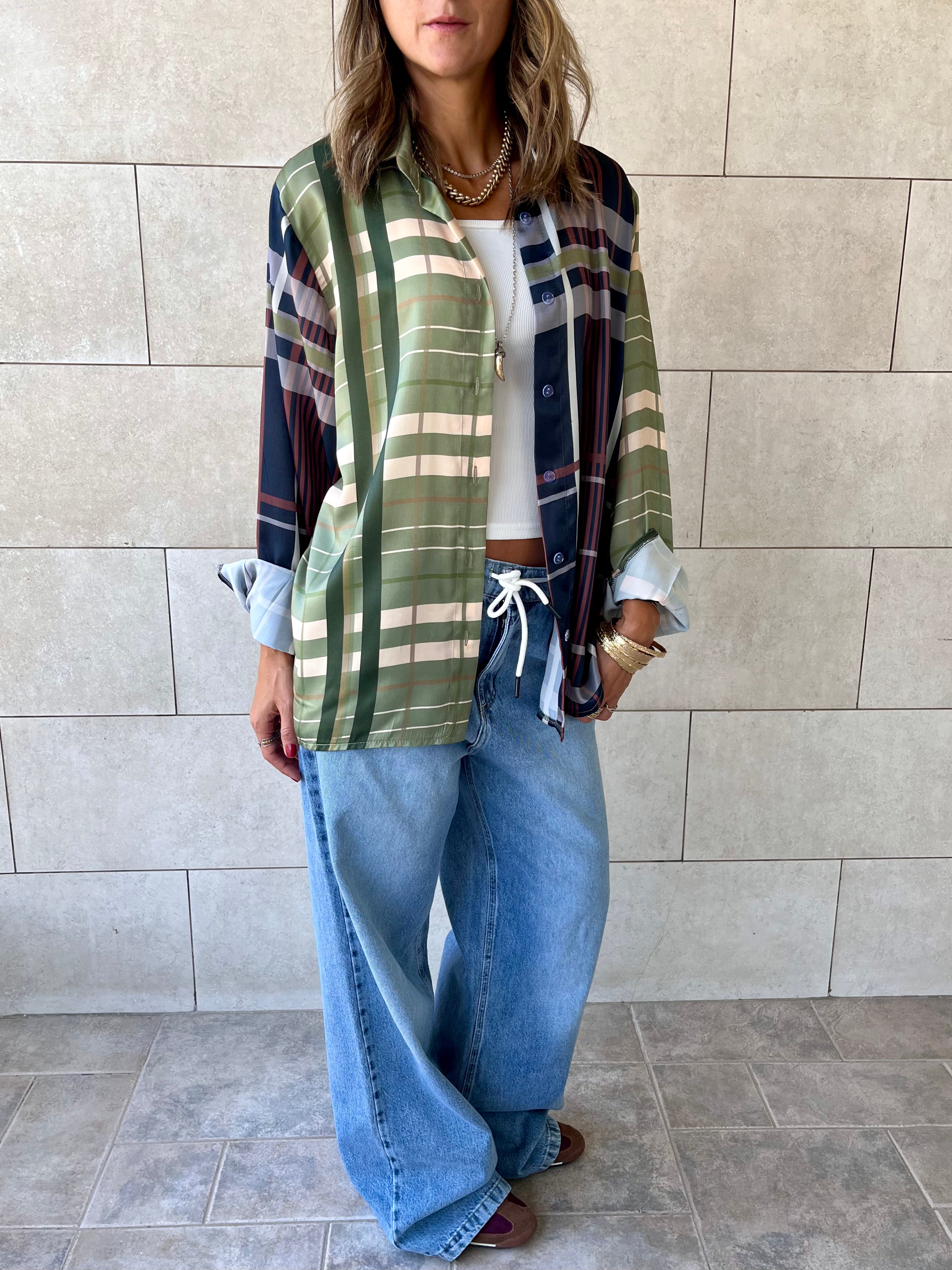 Half And Half Plaid Satin Shirt