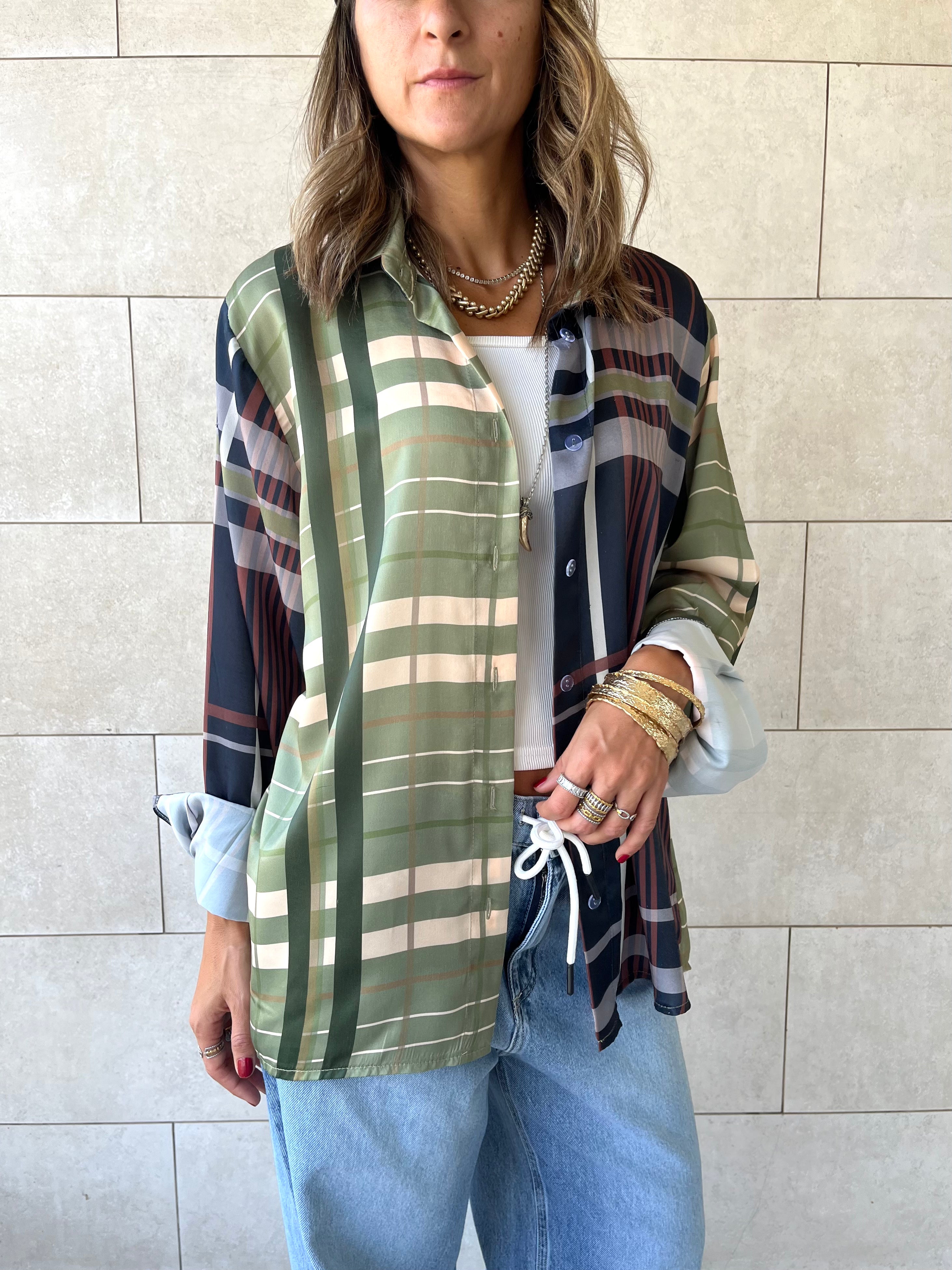 Half And Half Plaid Satin Shirt