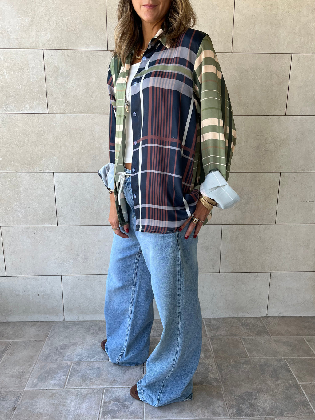 Half And Half Plaid Satin Shirt