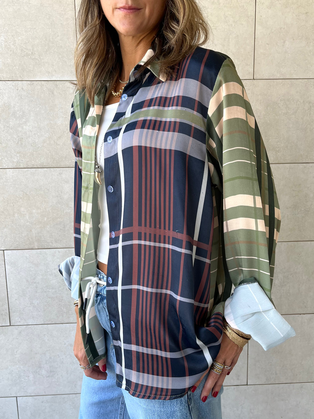 Half And Half Plaid Satin Shirt