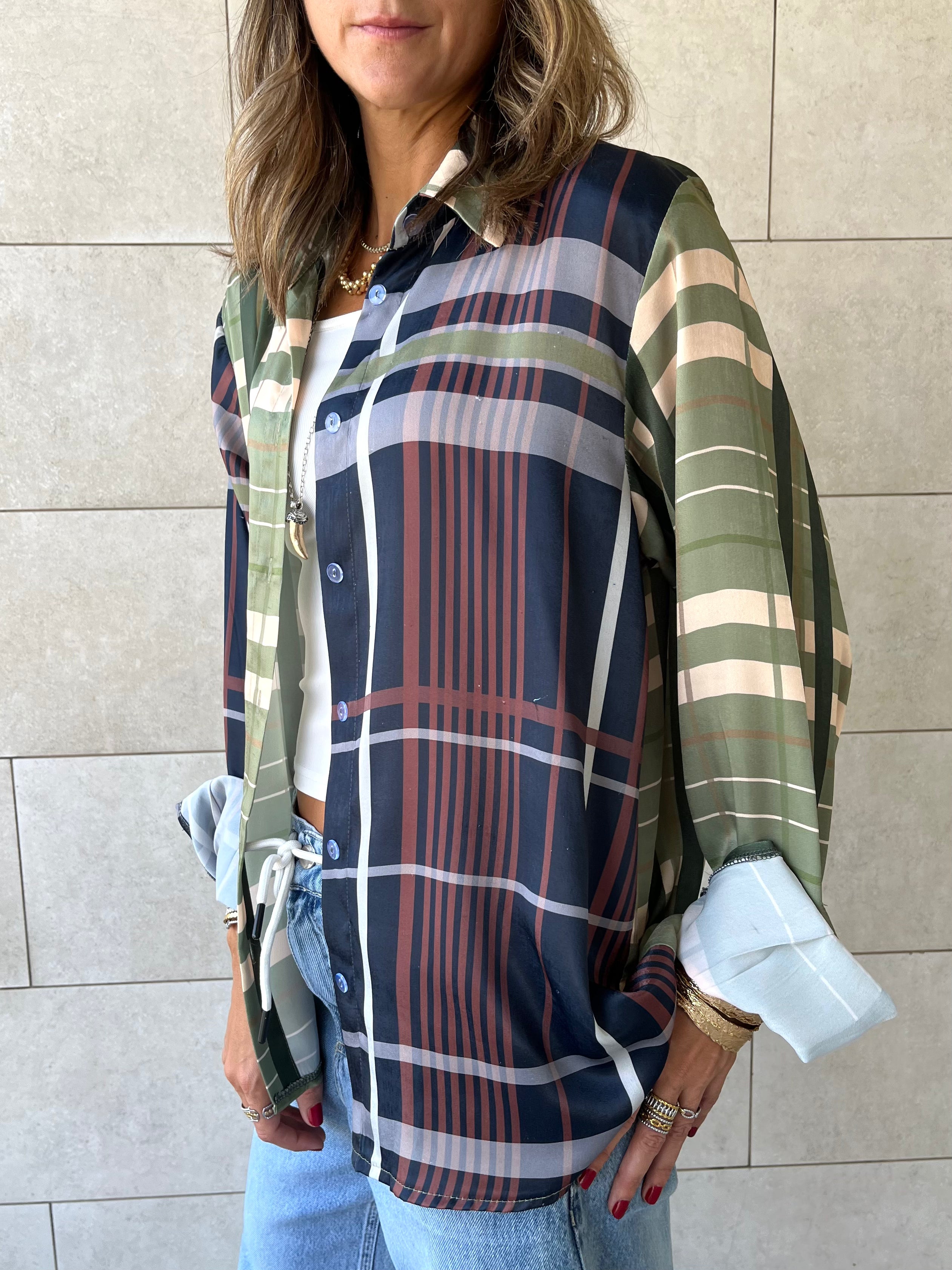 Half And Half Plaid Satin Shirt