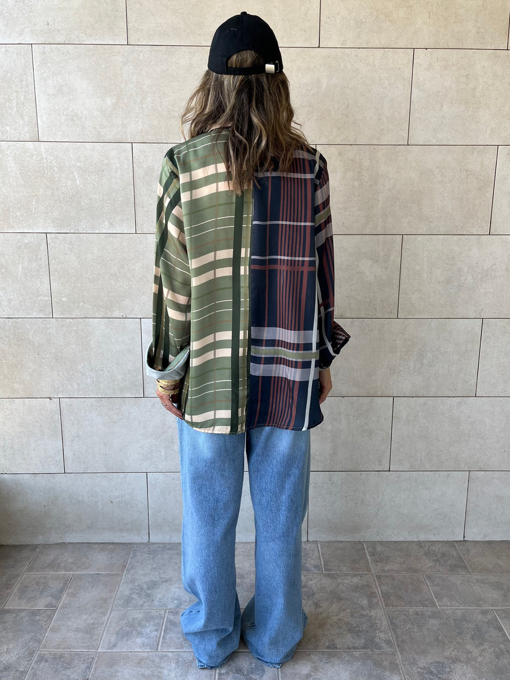 Half And Half Plaid Satin Shirt