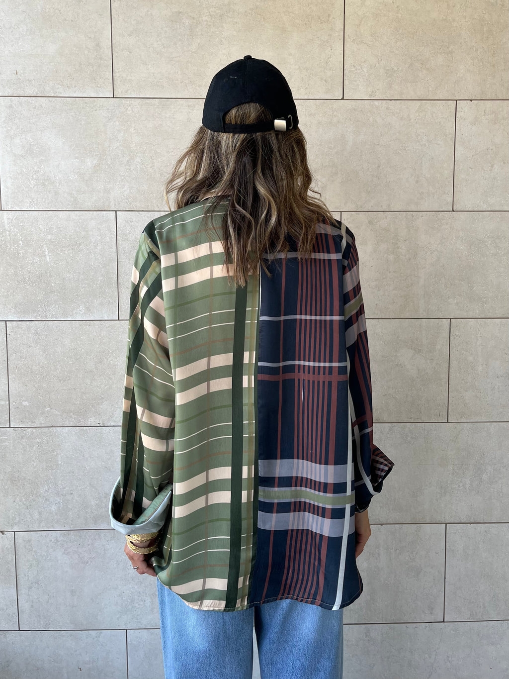 Half And Half Plaid Satin Shirt