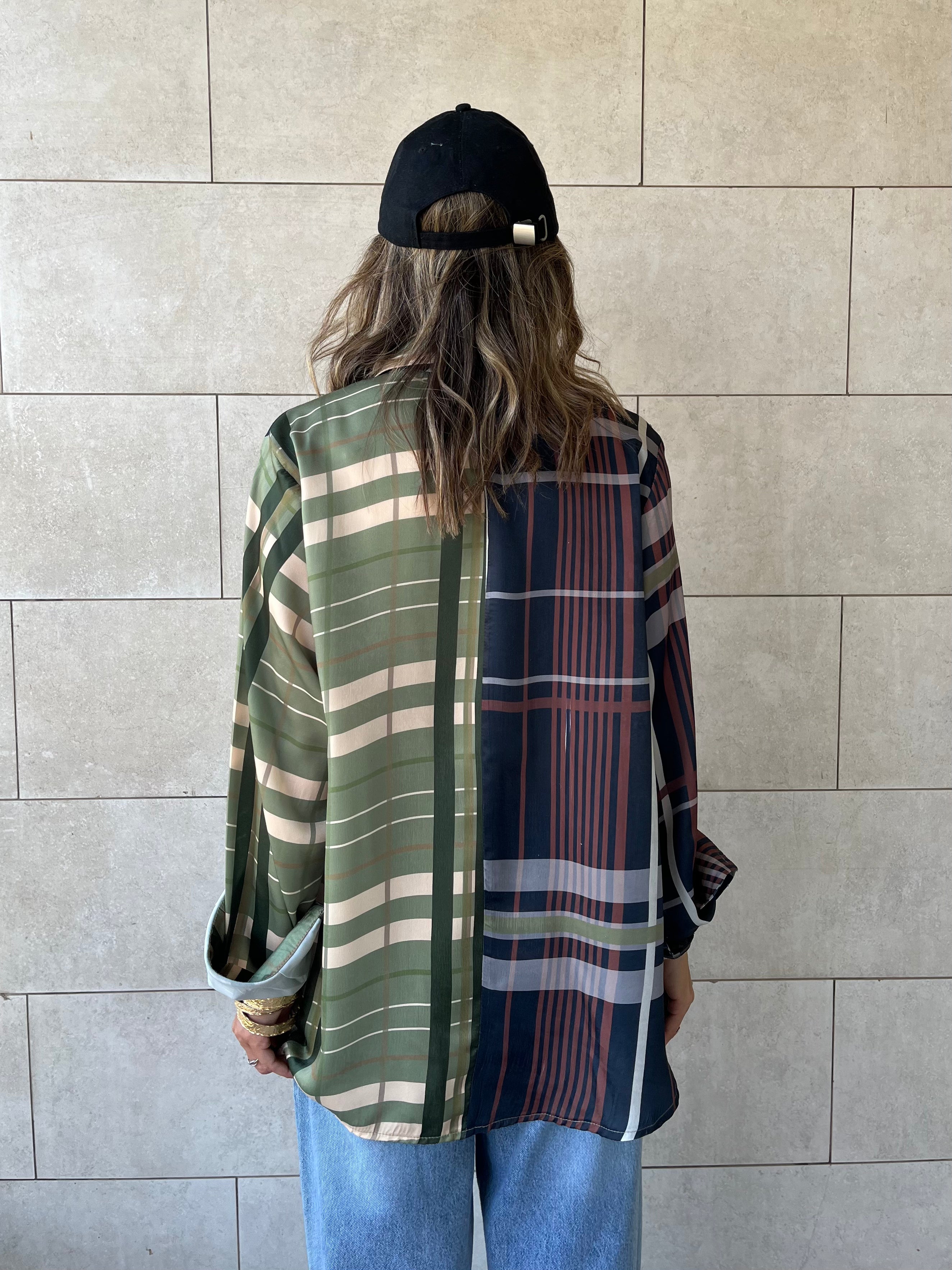 Half And Half Plaid Satin Shirt