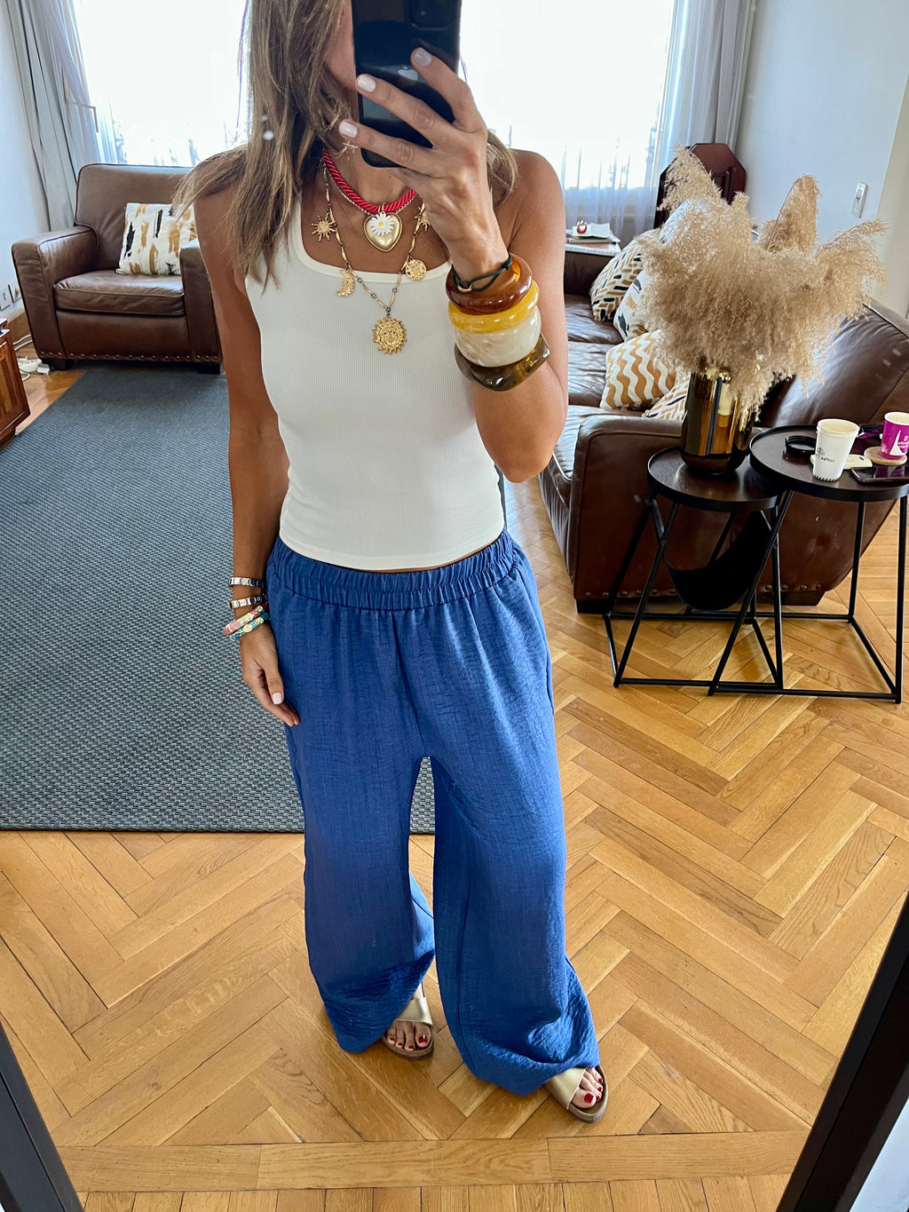 Blue Flowy Linen Pants