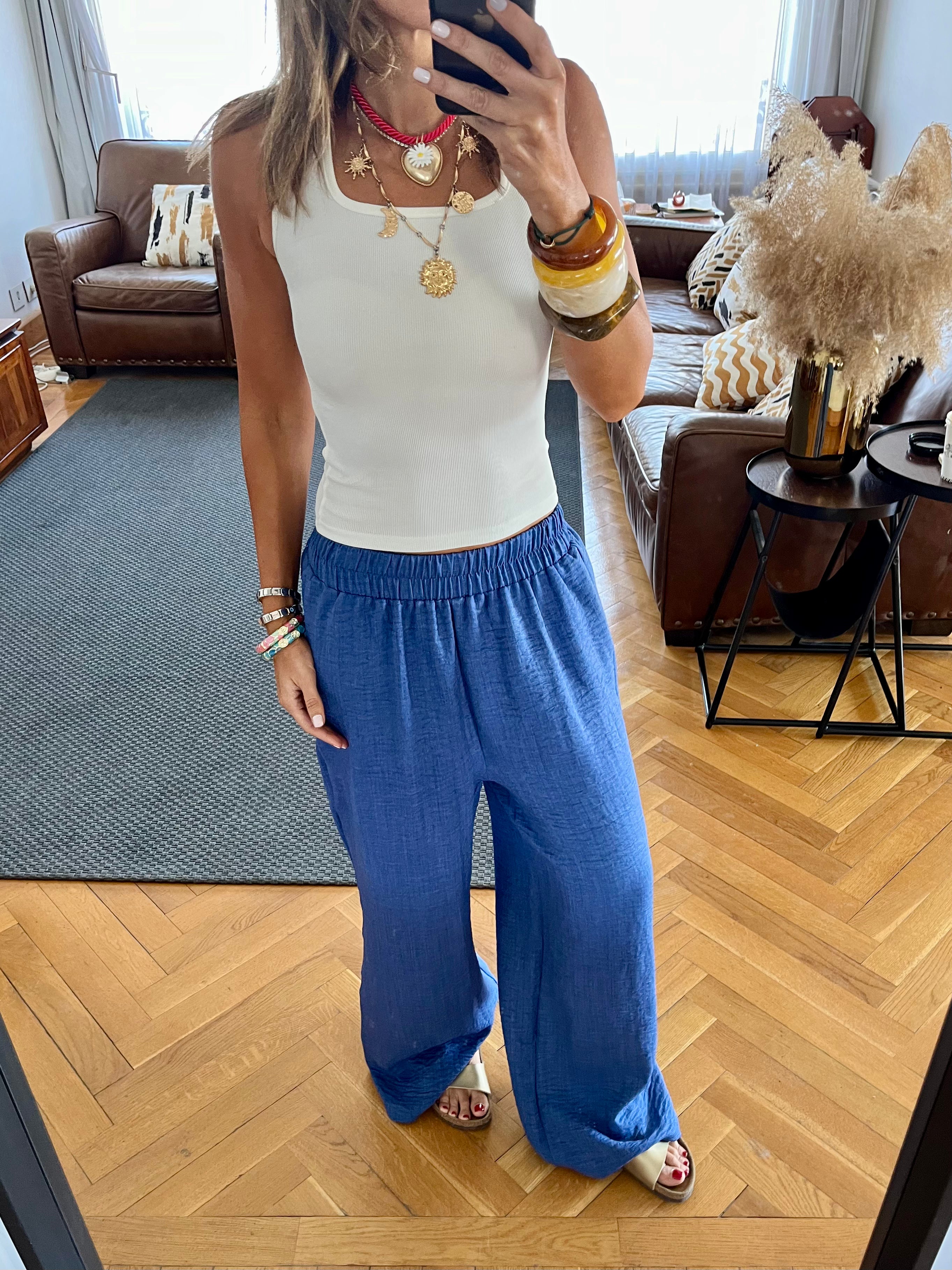 Blue Flowy Linen Pants