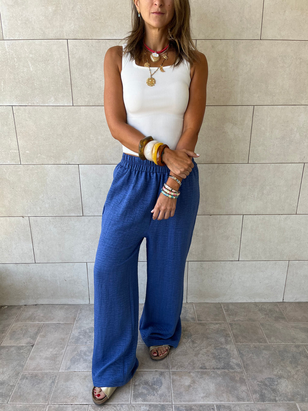 Blue Flowy Linen Pants