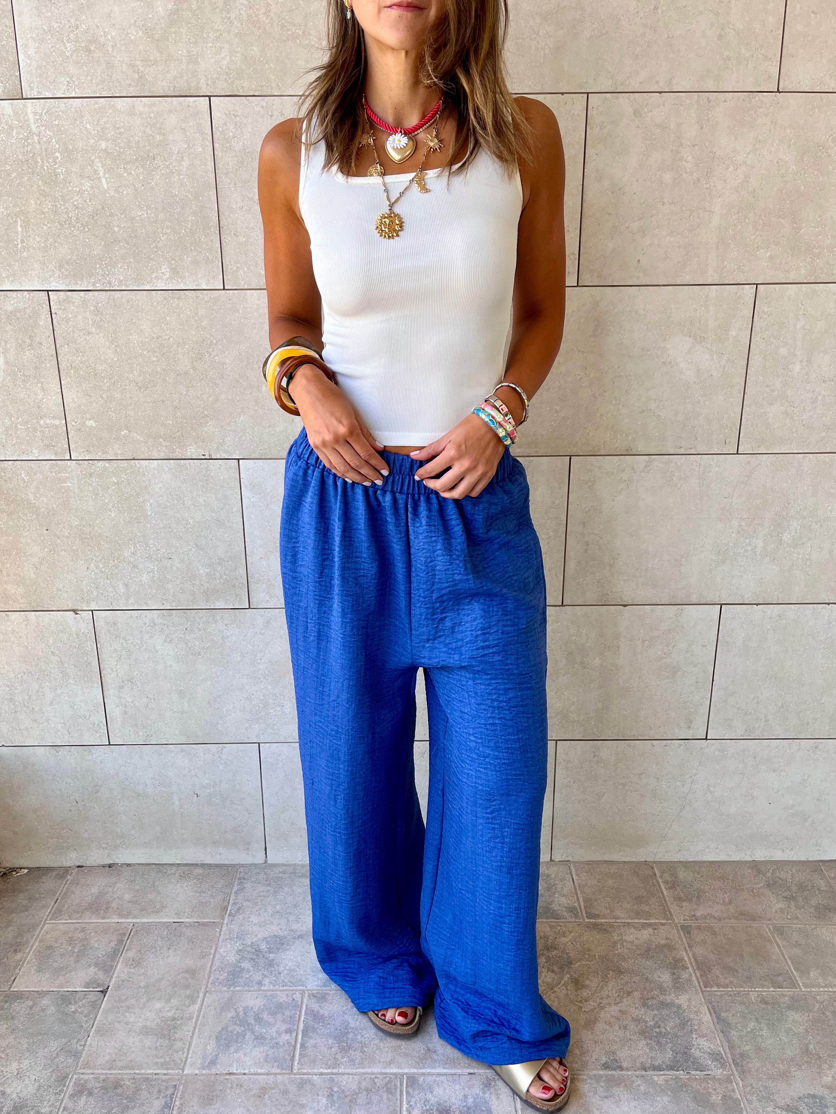 Blue Flowy Linen Pants