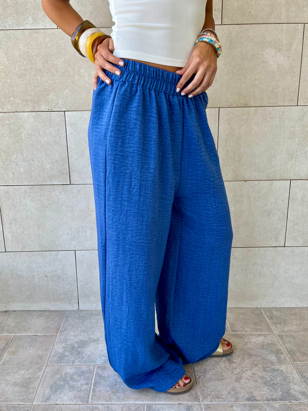 Blue Flowy Linen Pants