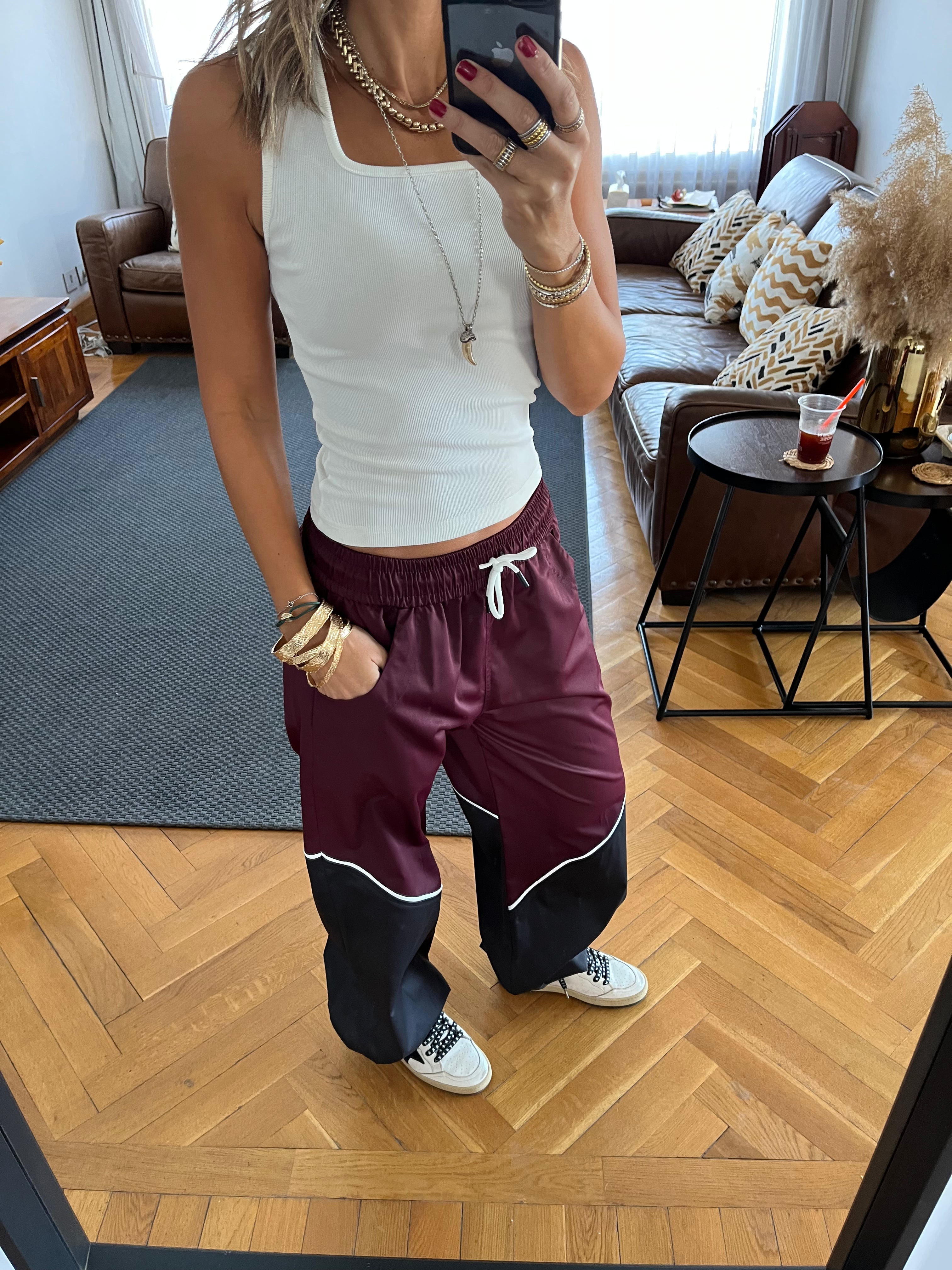 Burgundy & black Colorblock Waterproof Pants