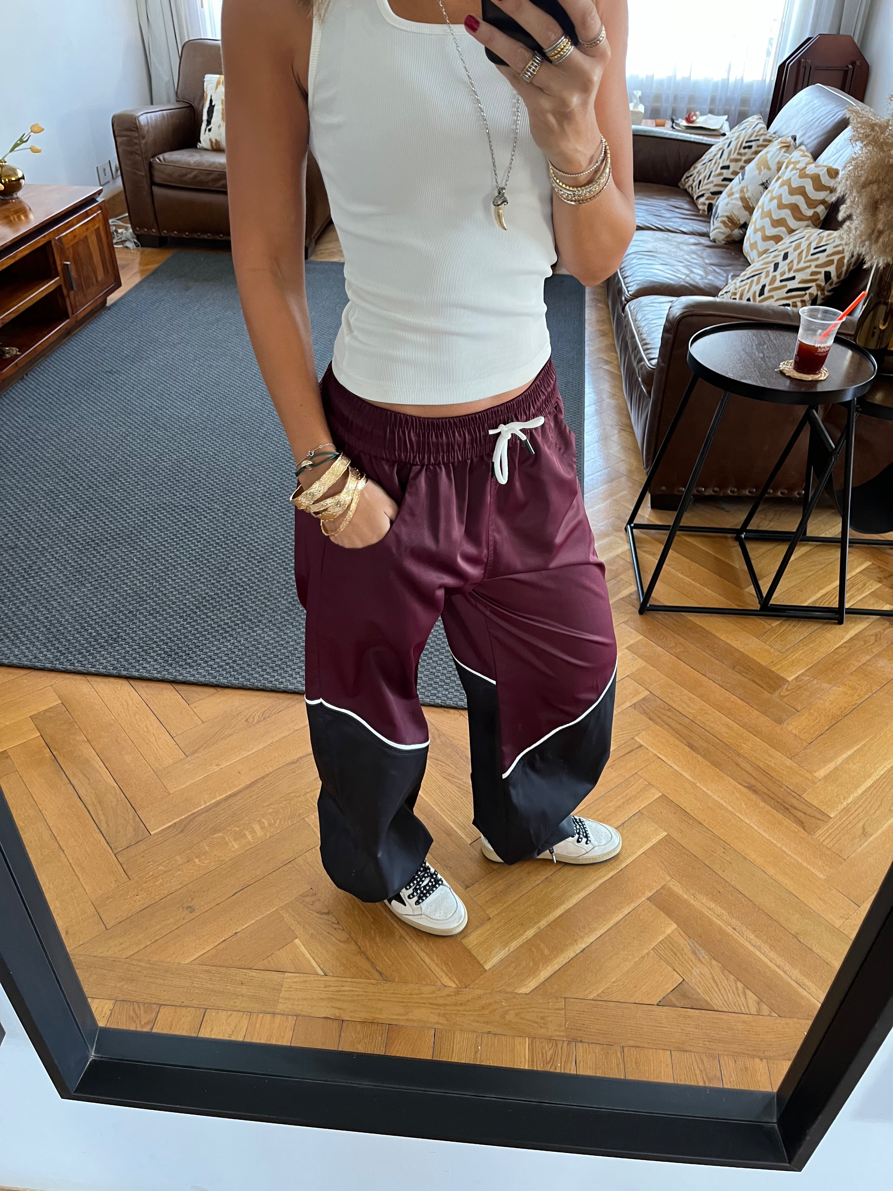 Burgundy & black Colorblock Waterproof Pants