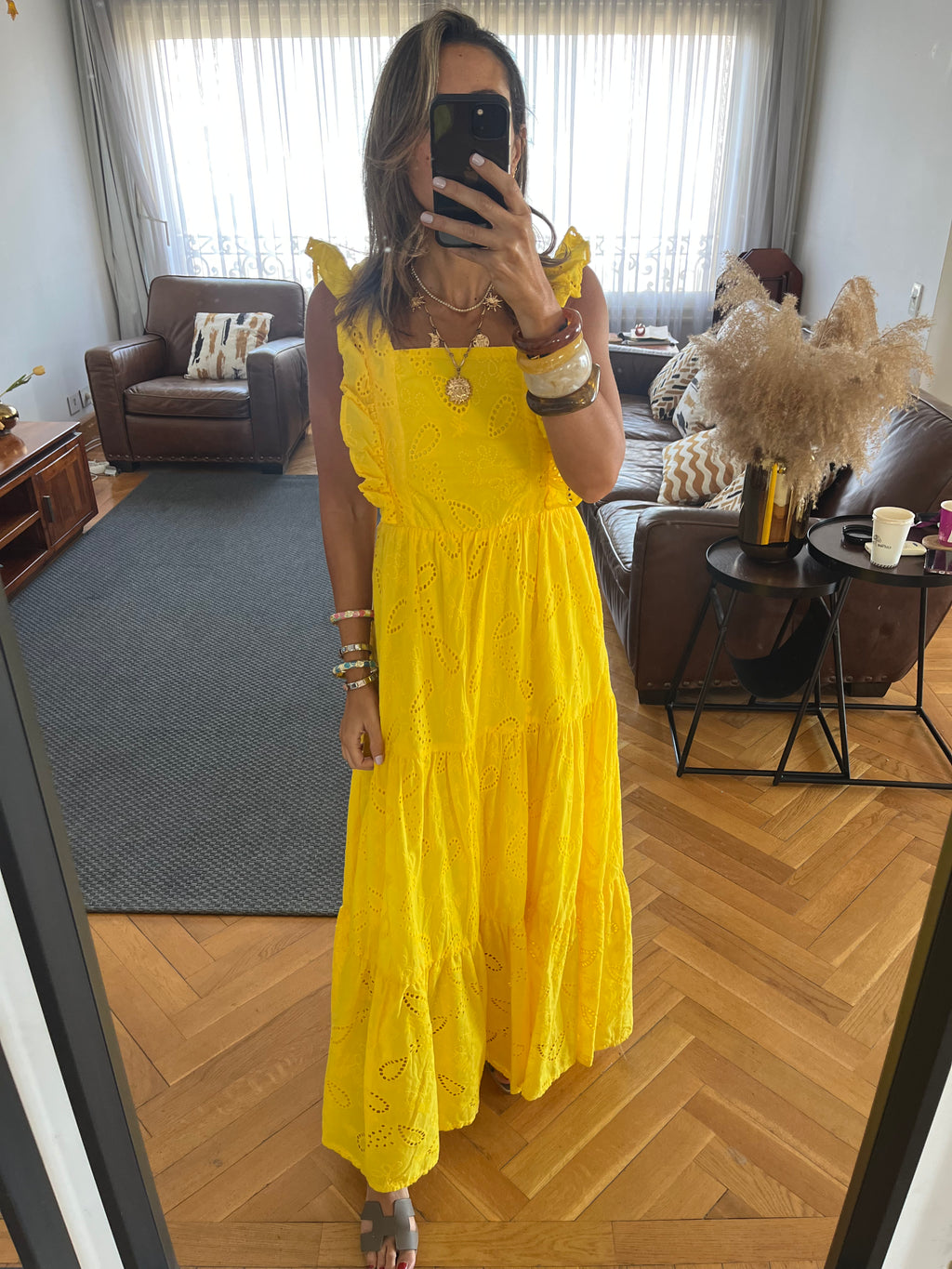 Yellow Ruffle Shoulder Anglaise Dress