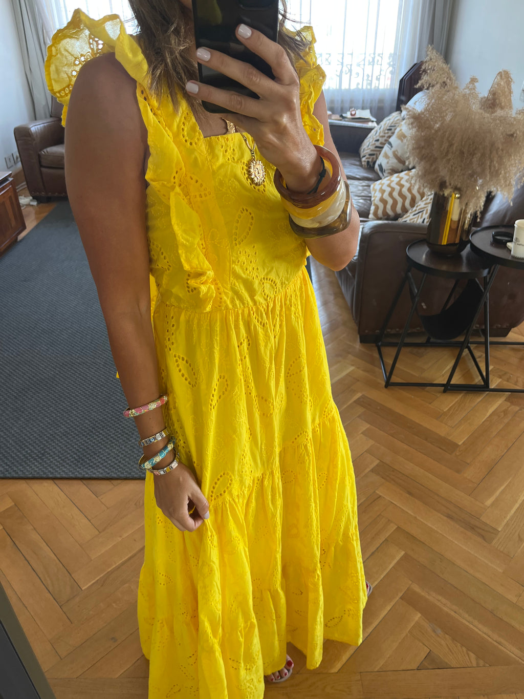 Yellow Ruffle Shoulder Anglaise Dress
