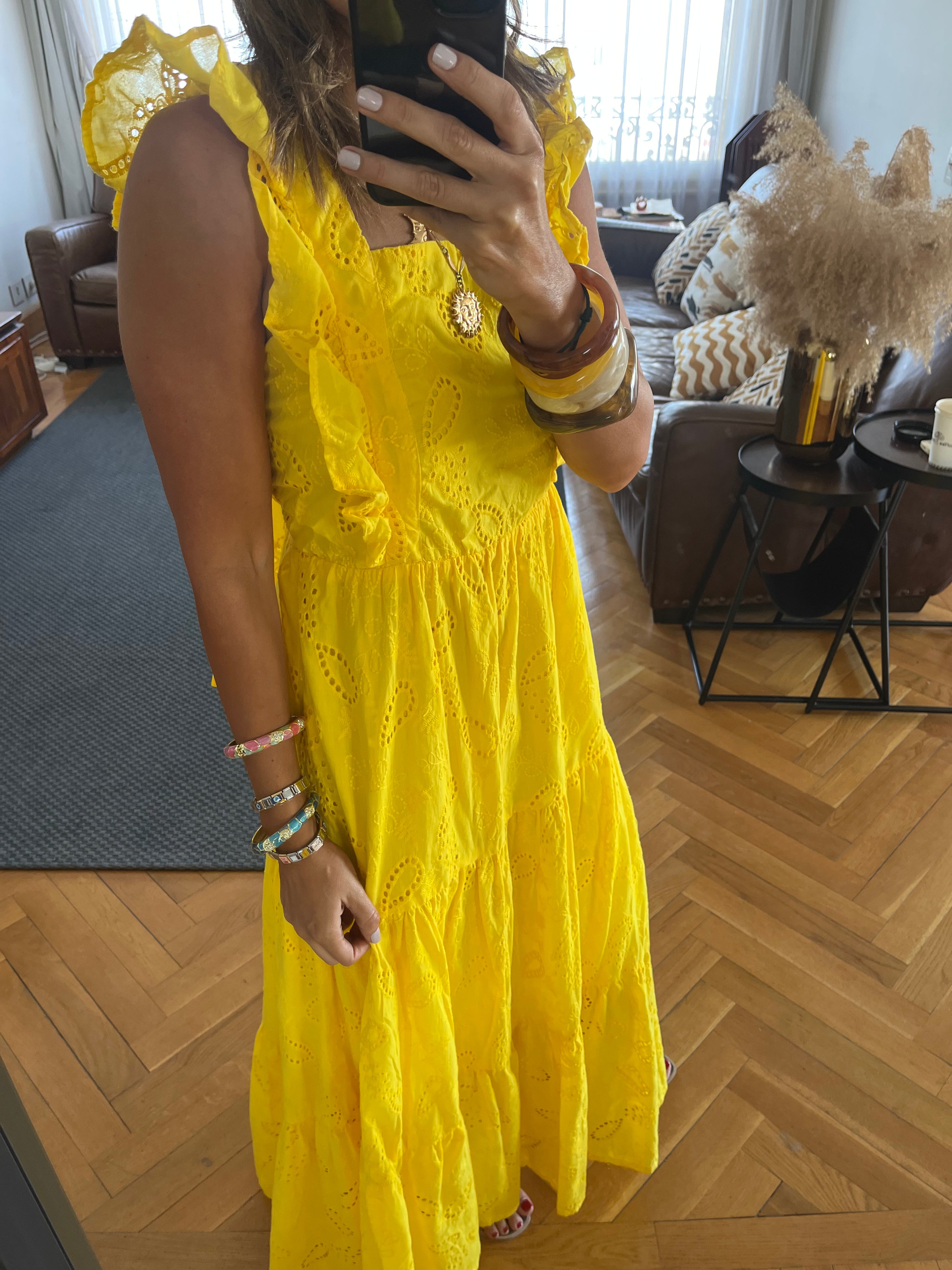 Yellow Ruffle Shoulder Anglaise Dress
