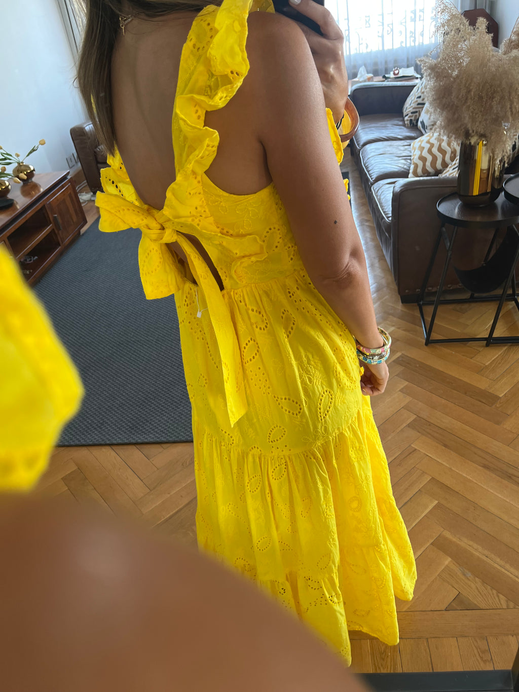 Yellow Ruffle Shoulder Anglaise Dress