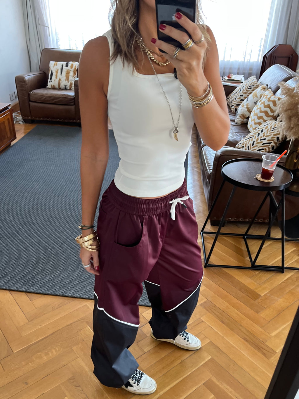 Burgundy & black Colorblock Waterproof Pants