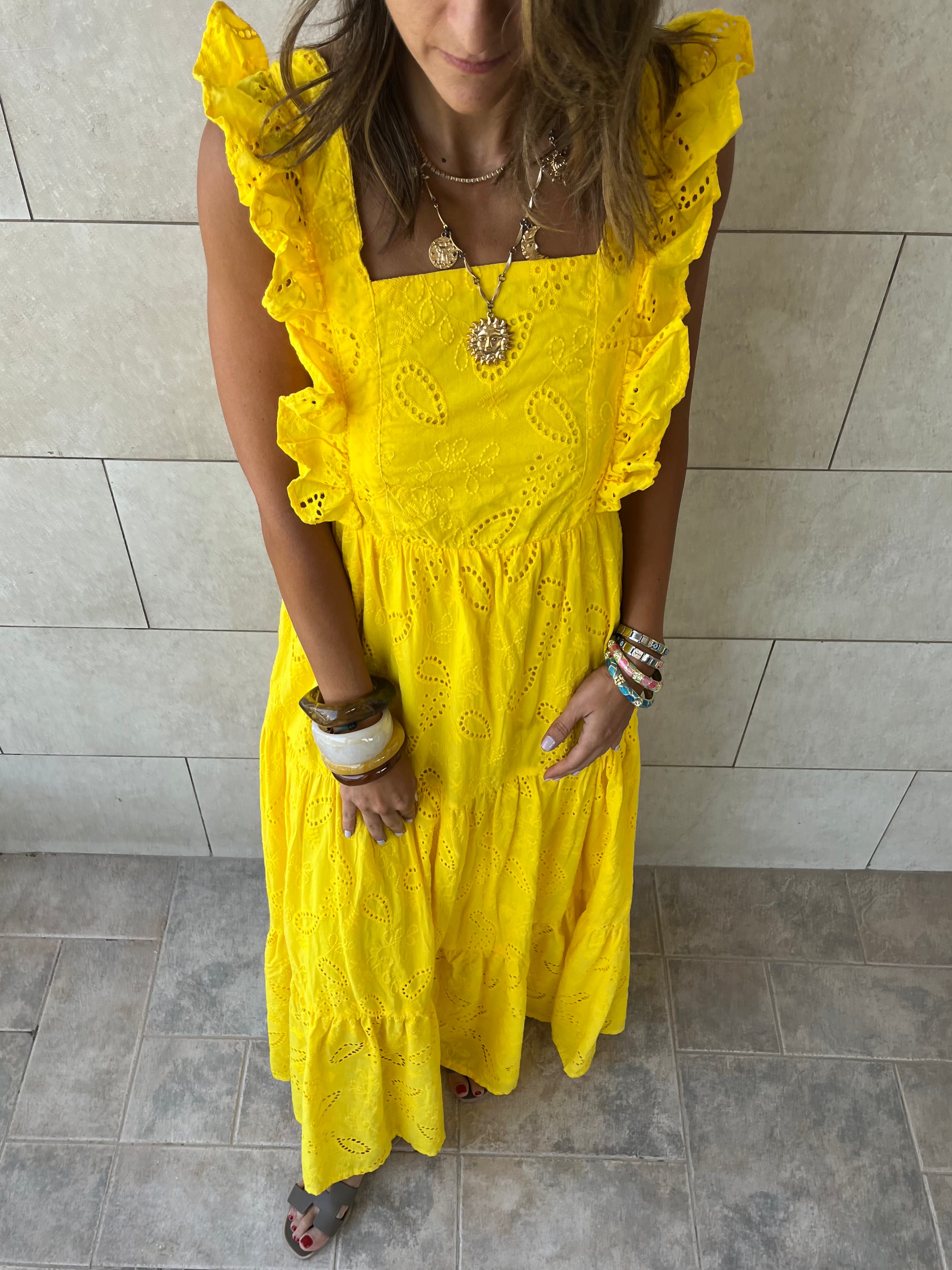 Yellow Ruffle Shoulder Anglaise Dress