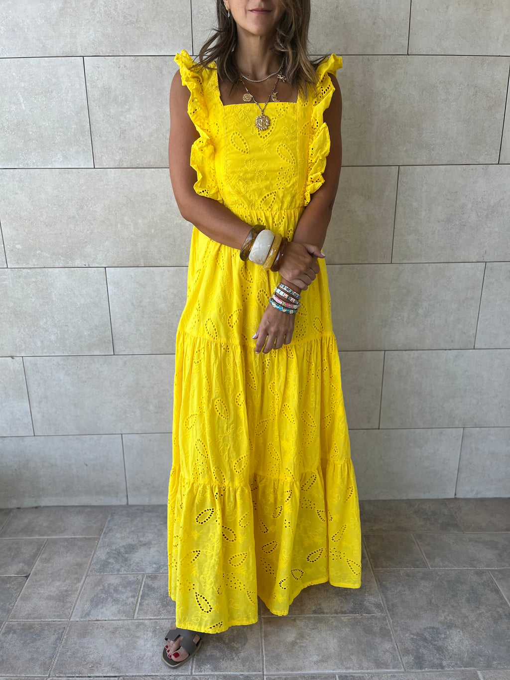 Yellow Ruffle Shoulder Anglaise Dress