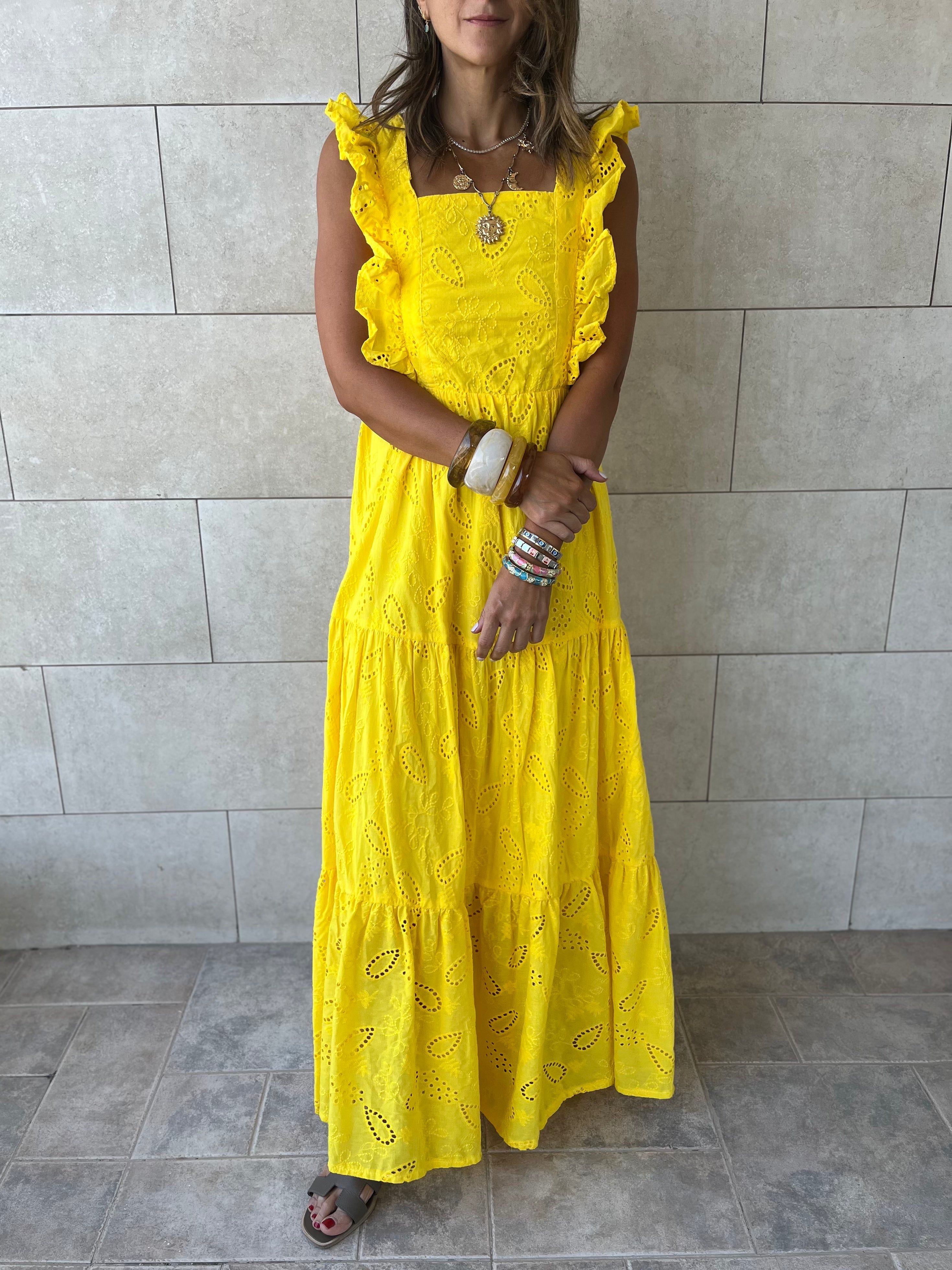 Yellow Ruffle Shoulder Anglaise Dress