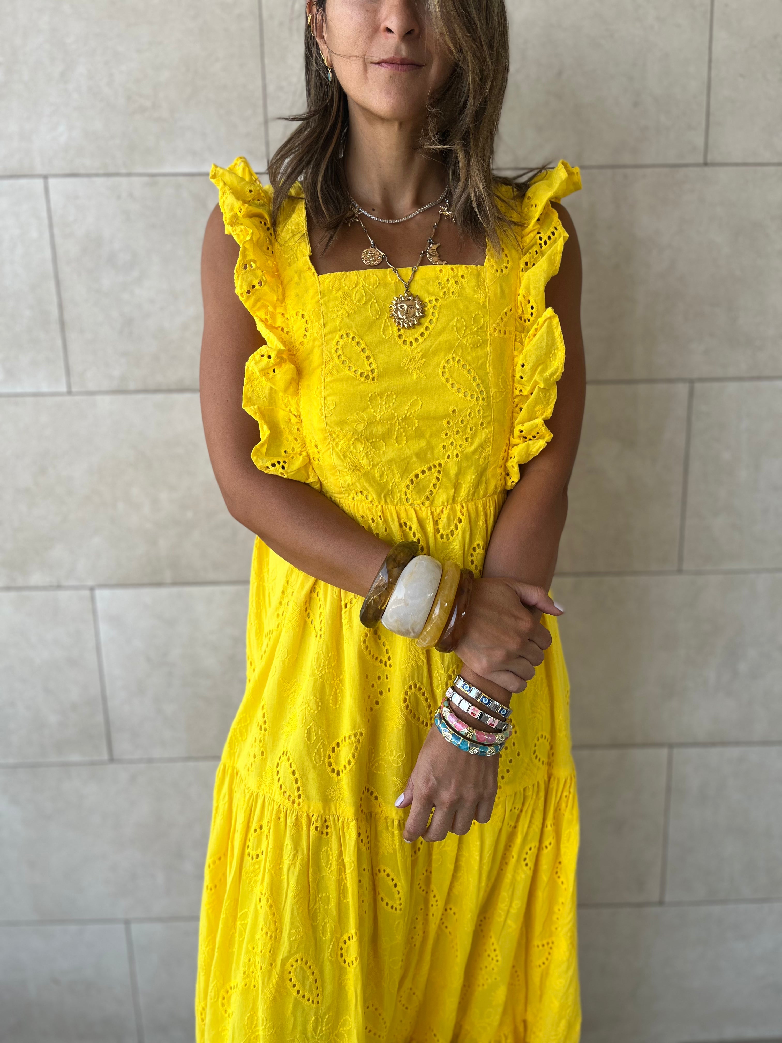 Yellow Ruffle Shoulder Anglaise Dress