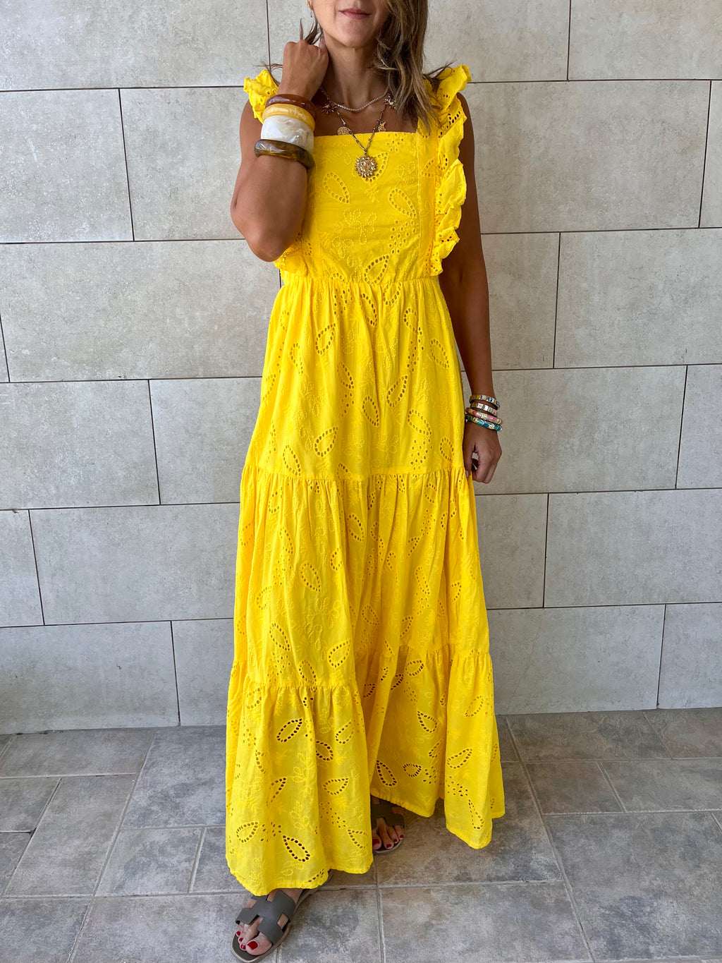 Yellow Ruffle Shoulder Anglaise Dress