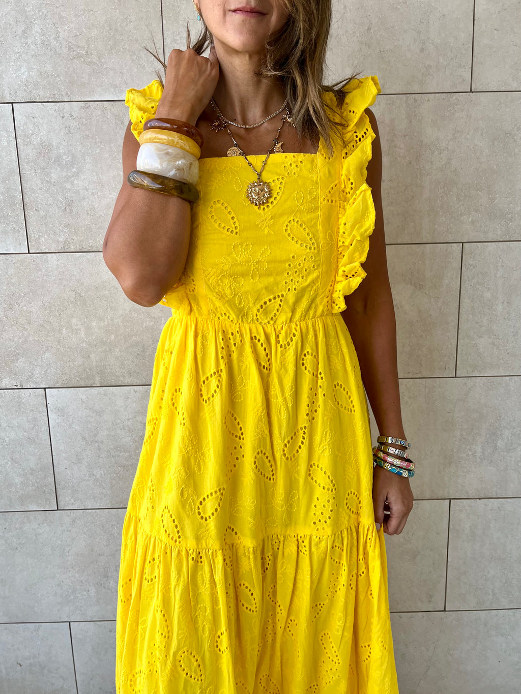 Yellow Ruffle Shoulder Anglaise Dress