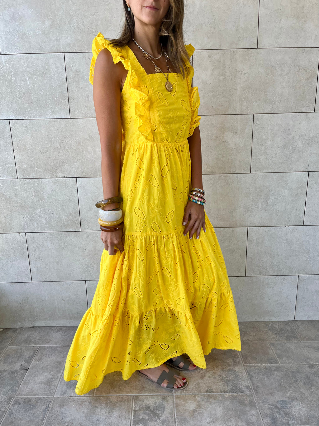 Yellow Ruffle Shoulder Anglaise Dress