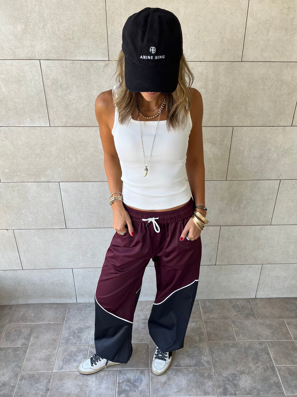 Burgundy & black Colorblock Waterproof Pants