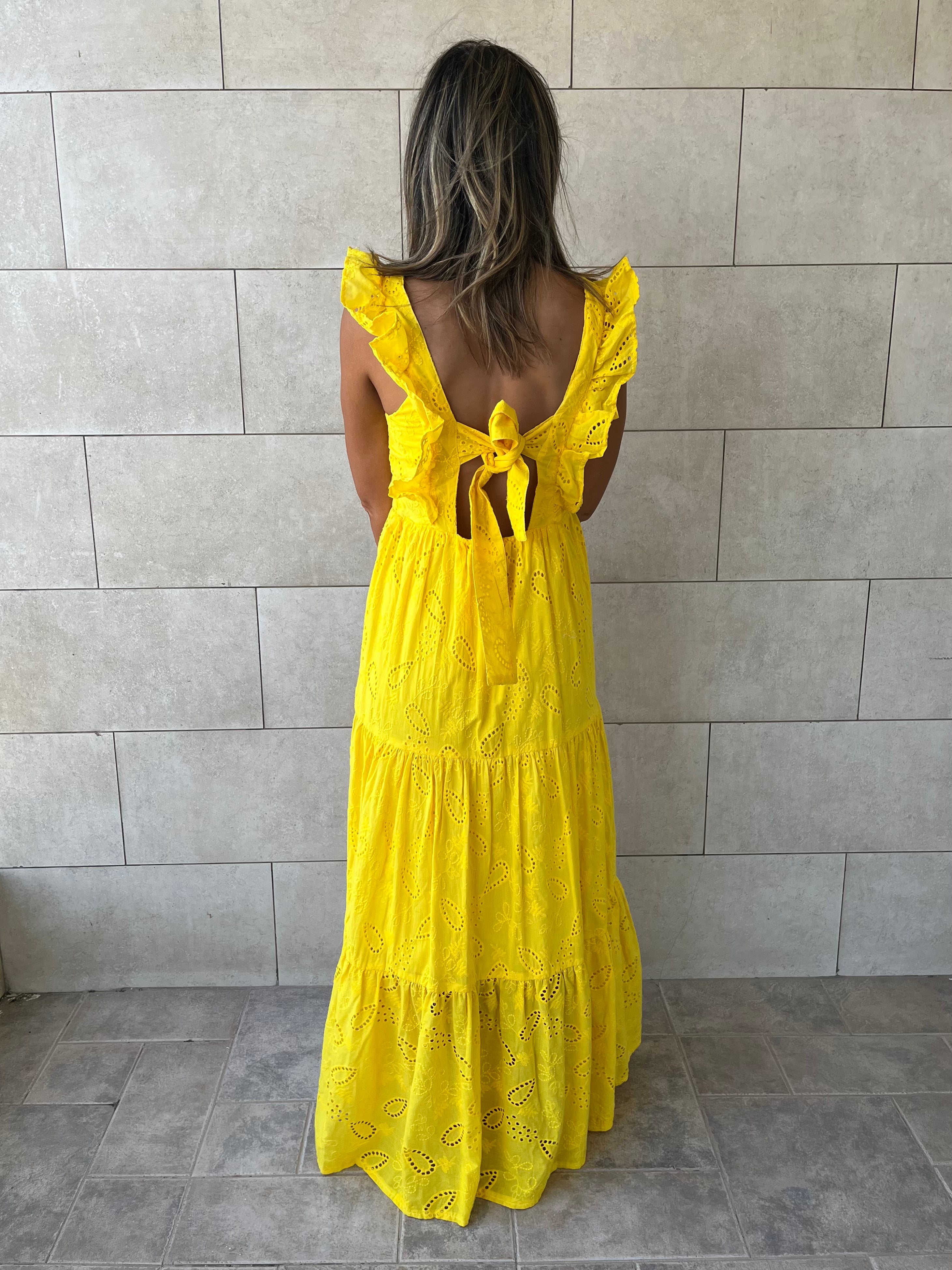 Yellow Ruffle Shoulder Anglaise Dress
