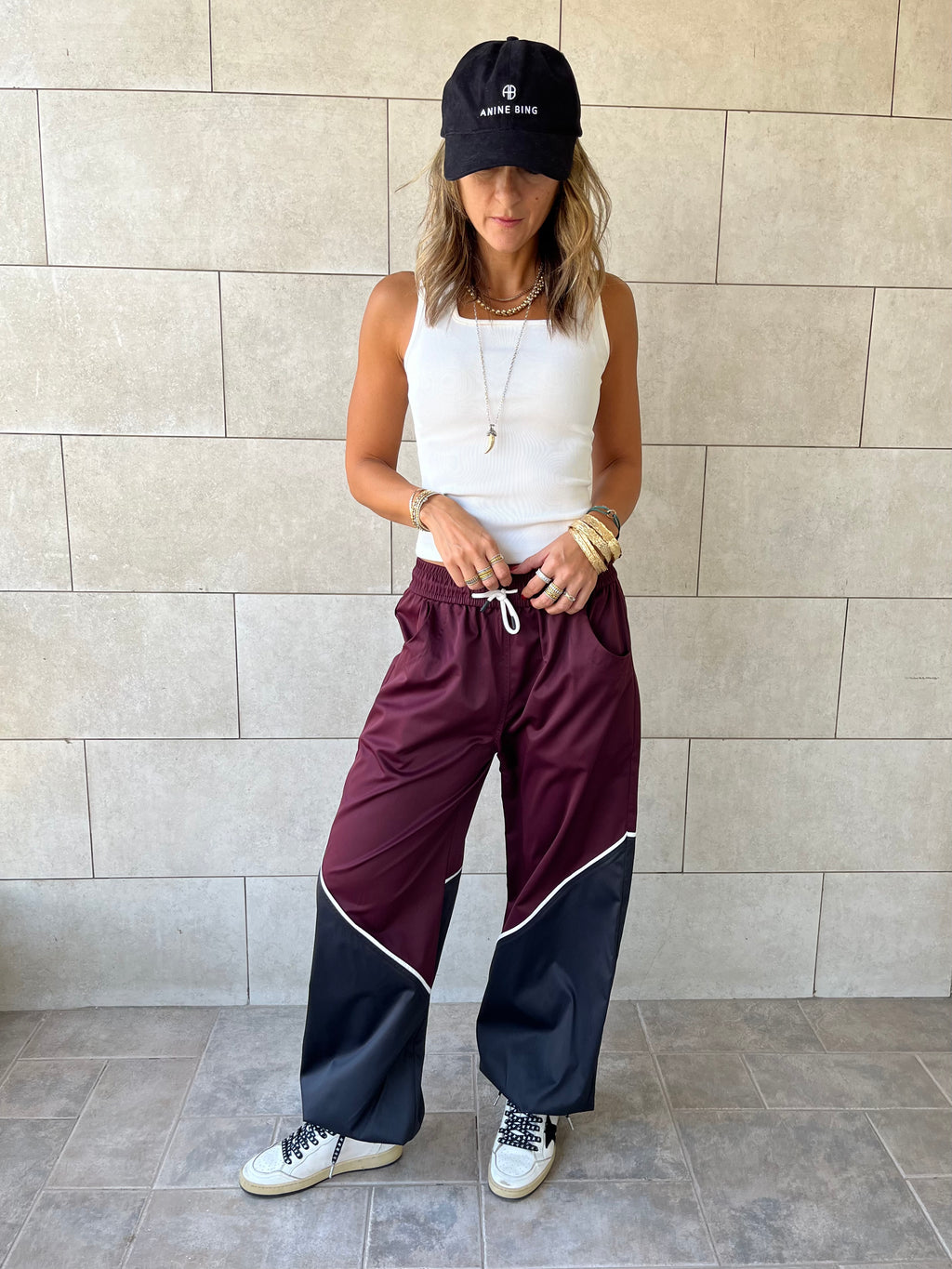 Burgundy & black Colorblock Waterproof Pants