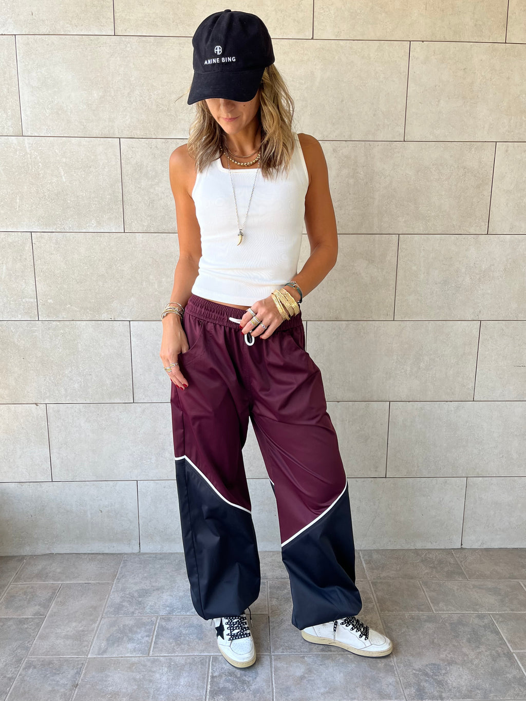Burgundy & black Colorblock Waterproof Pants