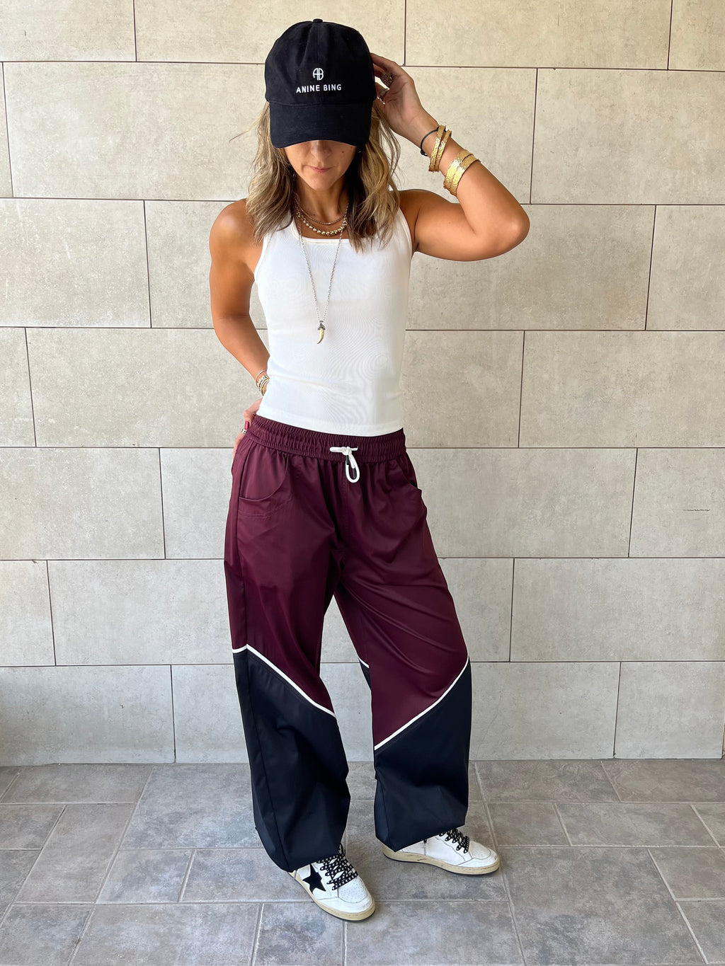 Burgundy & black Colorblock Waterproof Pants