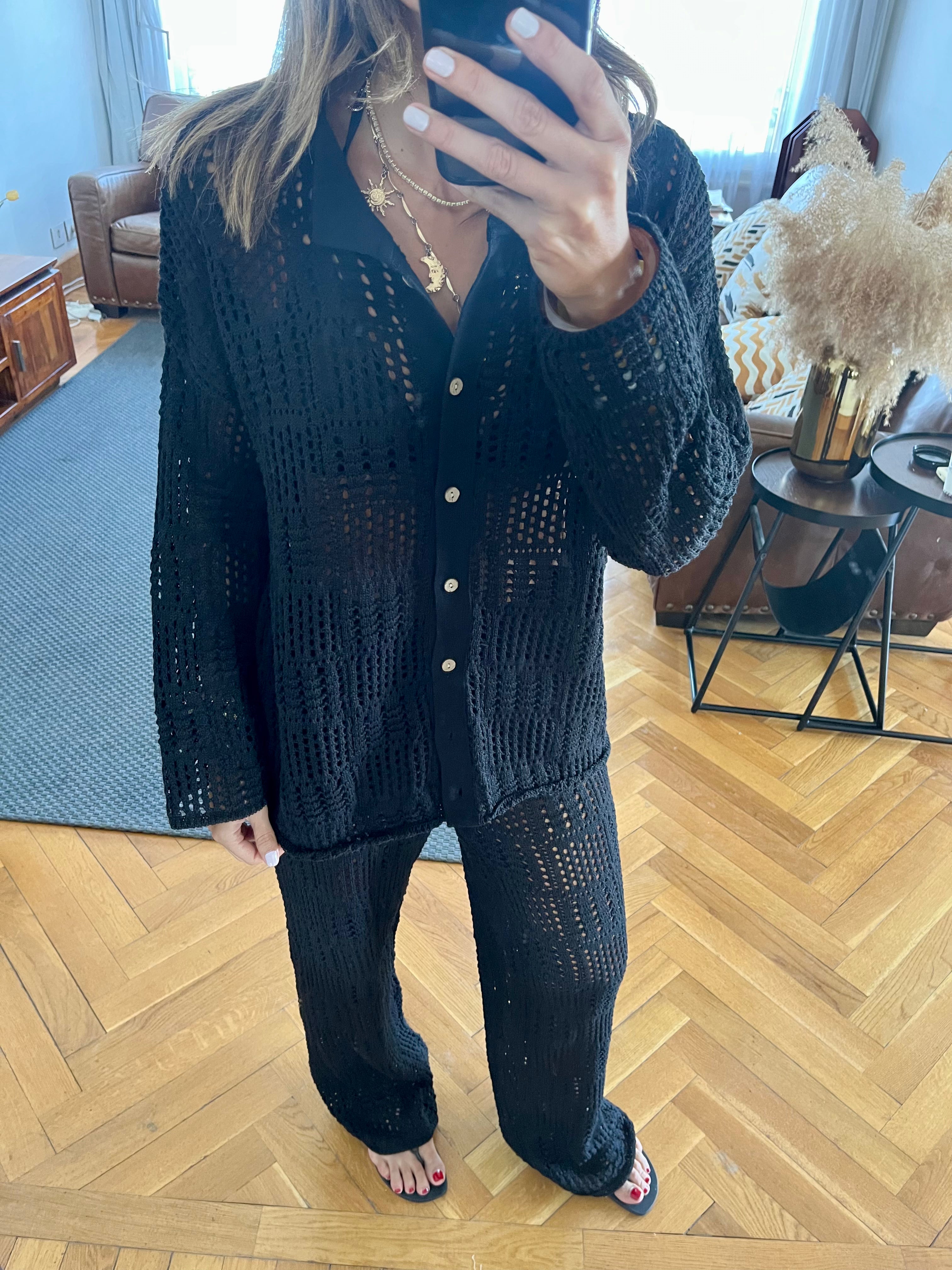 Black Vacation Check Crochet Shirt Set