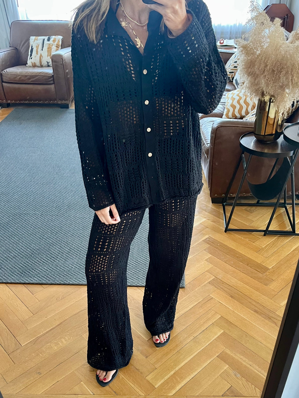 Black Vacation Check Crochet Shirt Set